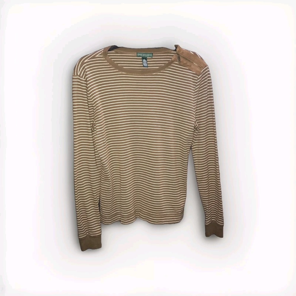 Lauren Ralph Lauren Faux Suede Patch Elbow Brown Tan Striped Long Sleeve Shirt